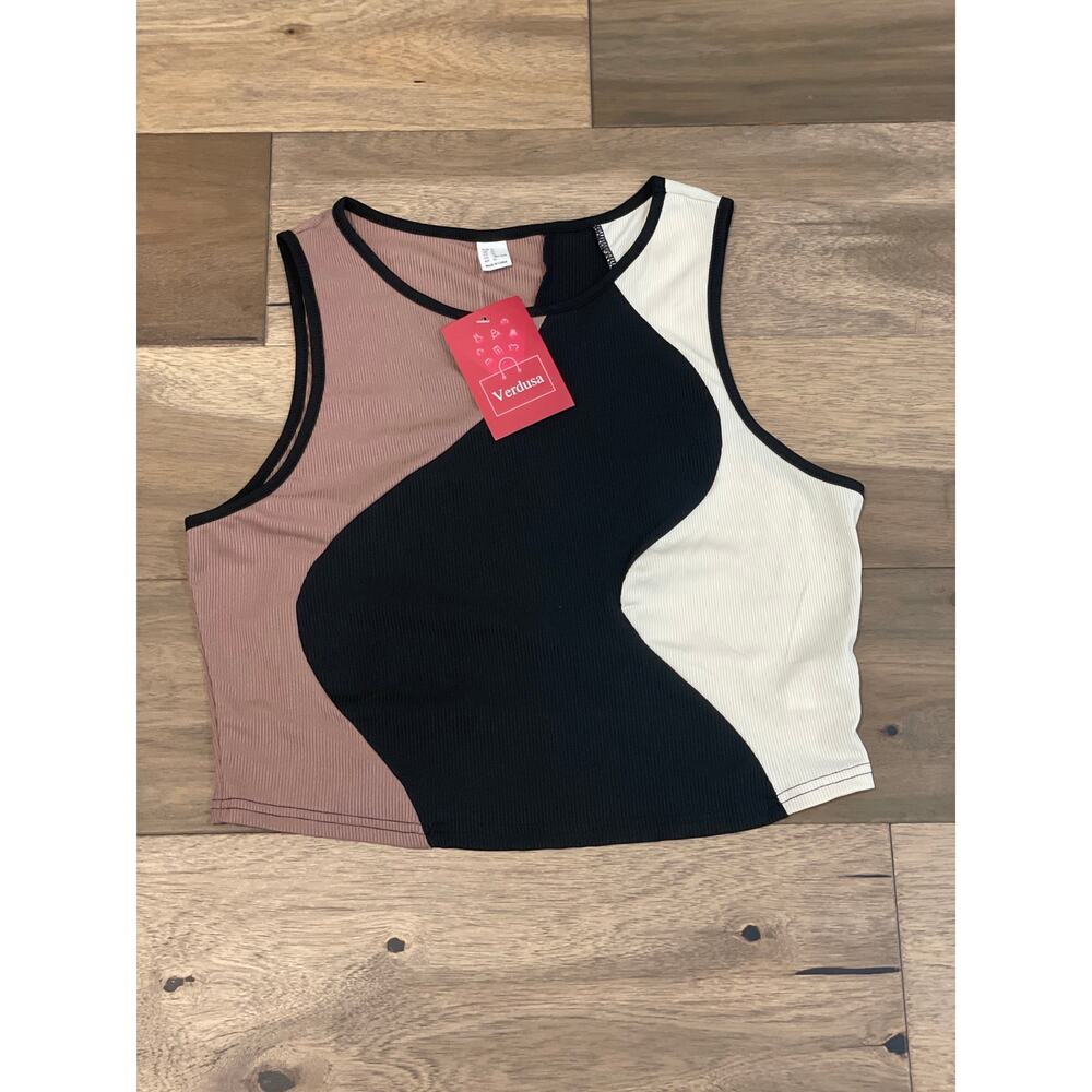 Verdusa Crop Tank Top Size XL Tan Black White Slim Fitted Y2K Streetwear NWT